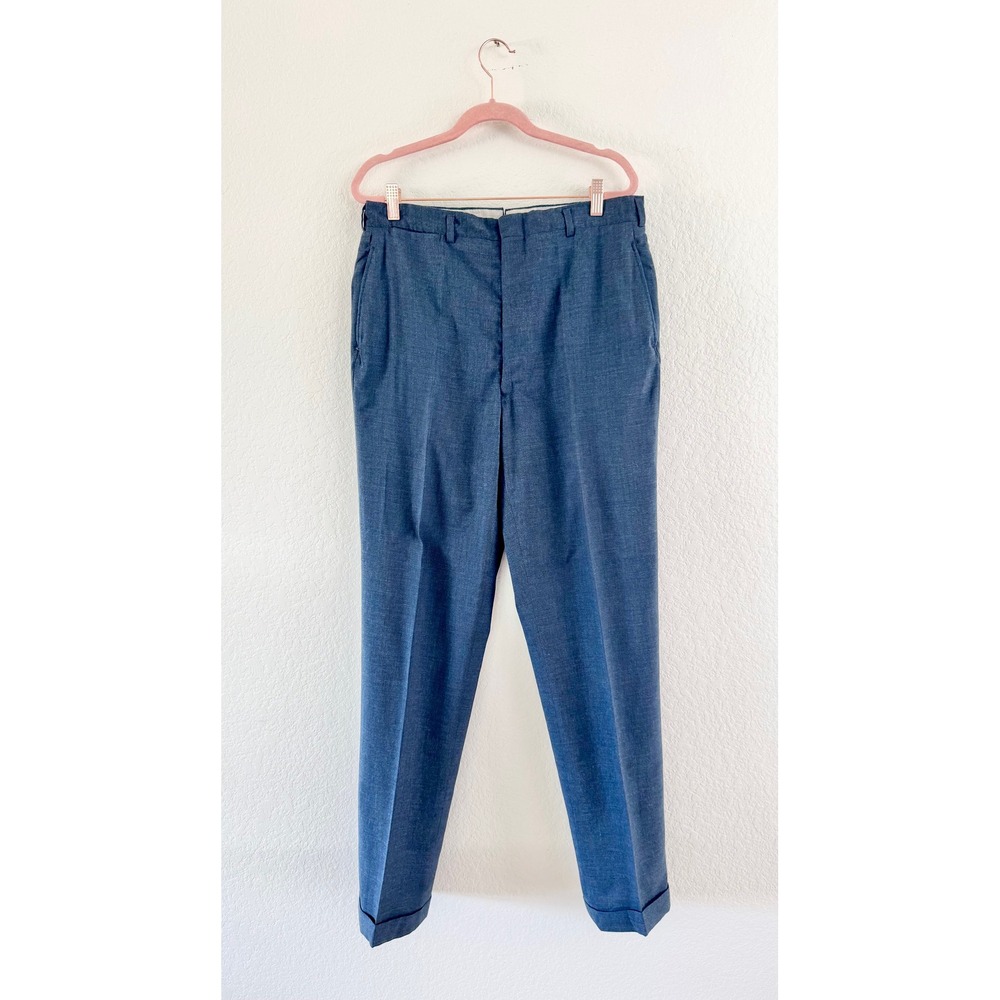 Vintage‎ Trousers Mens 32x31 Blue Grey Heathered Wool Blend Cuffed Straight Leg
